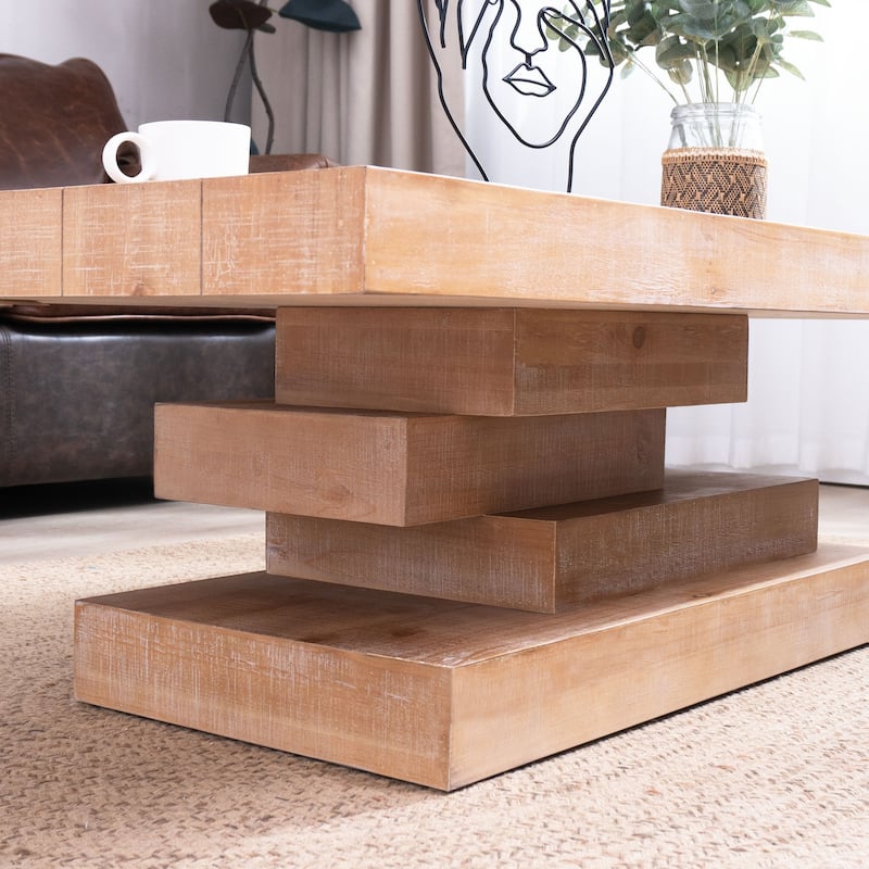 Modern Farmhouse Coffee Table with Rustic Wood Block Base‌ – Rectangular Center Table for Living Room, Blending Contemporary .