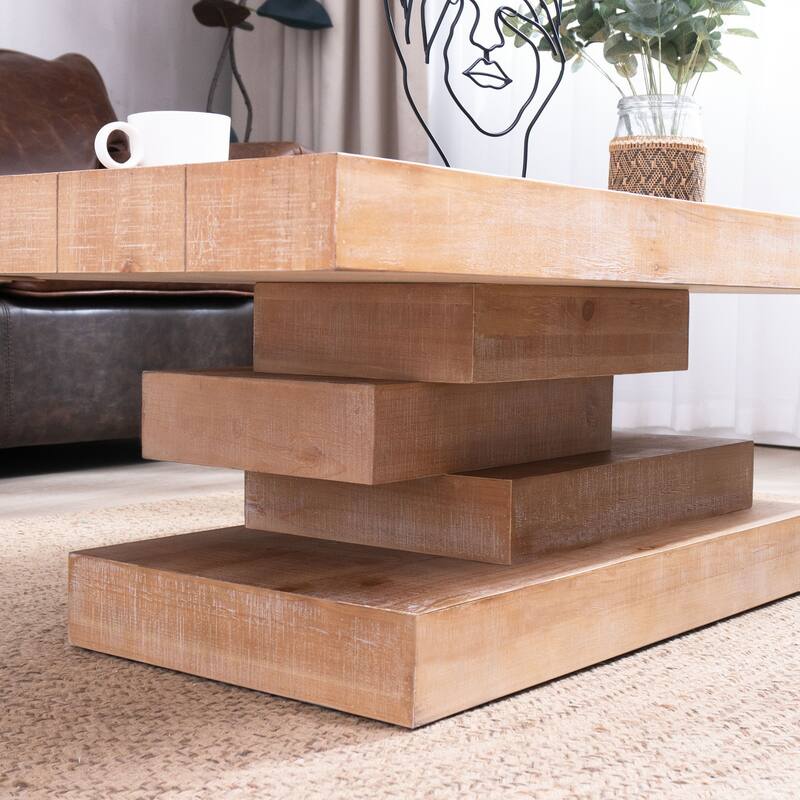 Roomfitters Modern Rustic Rectangular Coffee Table, Unique Stacked Block Base, Natural Wood Grain Finish