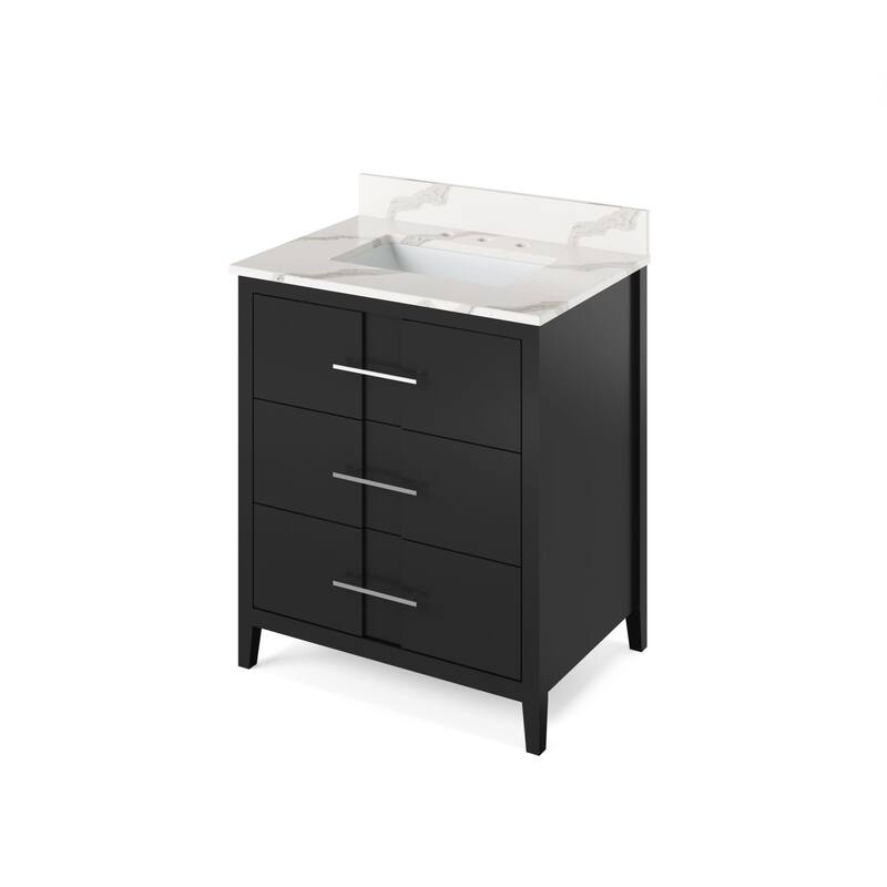 Jeffrey Alexander VKITKAT30R-QUARTZ Katara 30" Free Standing Vanity - Black / Calacatta Vienna