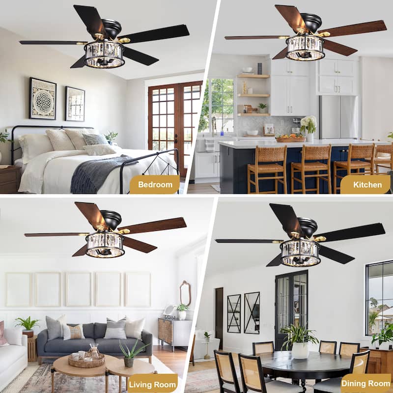 Cusp Barn 52" Farmhouse Flush Mount Crystal Ceiling Fan with Lights and Remote, Black 5 Blades Reversible Chandelier Ceiling Fan