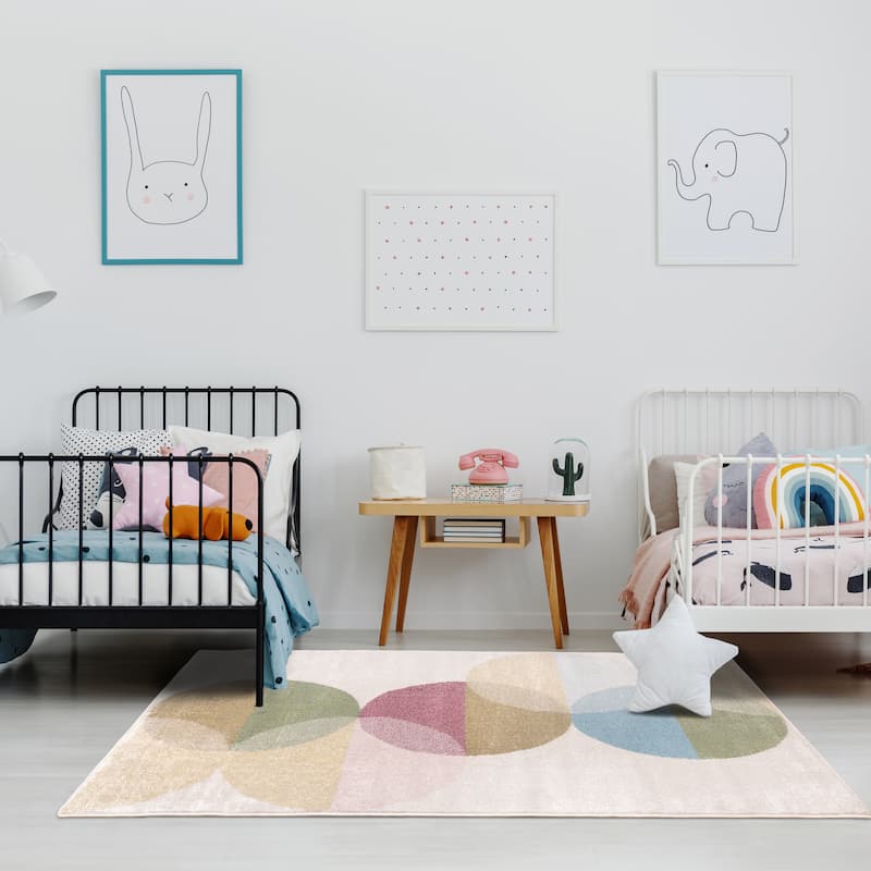 Blue Pink Yellow Cream Overlapping Circles Kids Area Rug, 3'11" x 5'7" - 3'11" x 5'7"