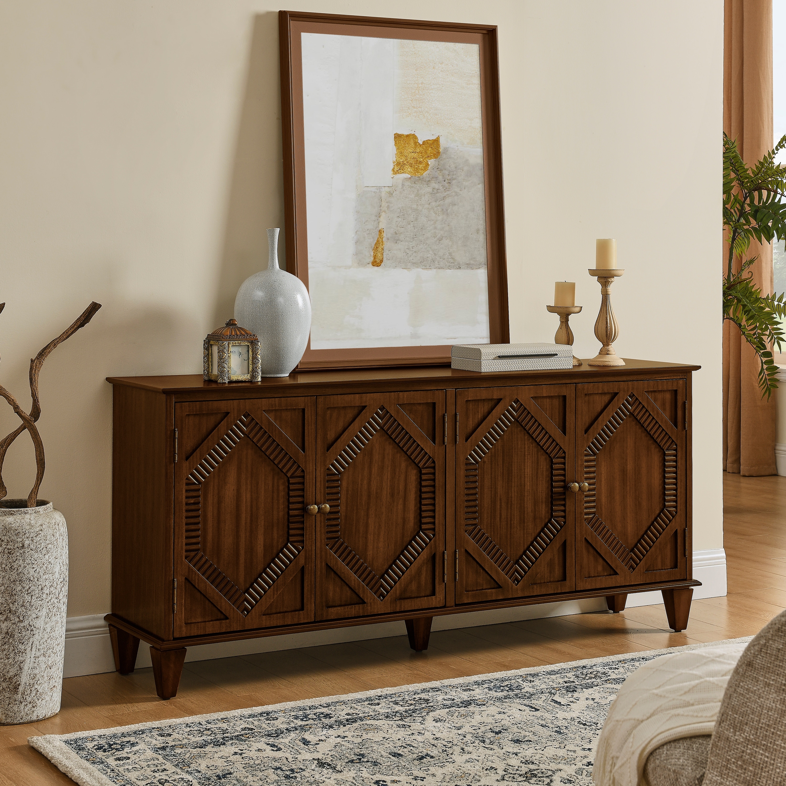 Roomfitters Sideboard Buffet Cabinet, Symmetrical Geometric Walnut Console Table, Large Storage for Living Room