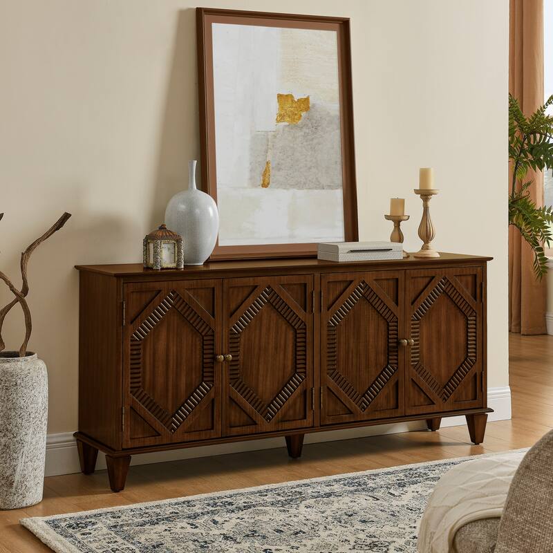 Rossetta 4-Door Classic Modern Retro Elegant Design Symmetrical Geometric Cabinet with Adjustable Shelf - Walnut