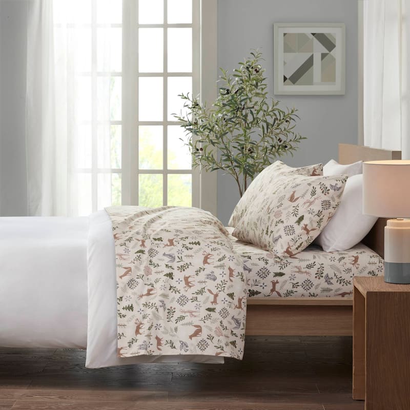 Madison Park Cozy Cotton Flannel Printed Sheet Set - Twin XL - Tan Woodland Winter