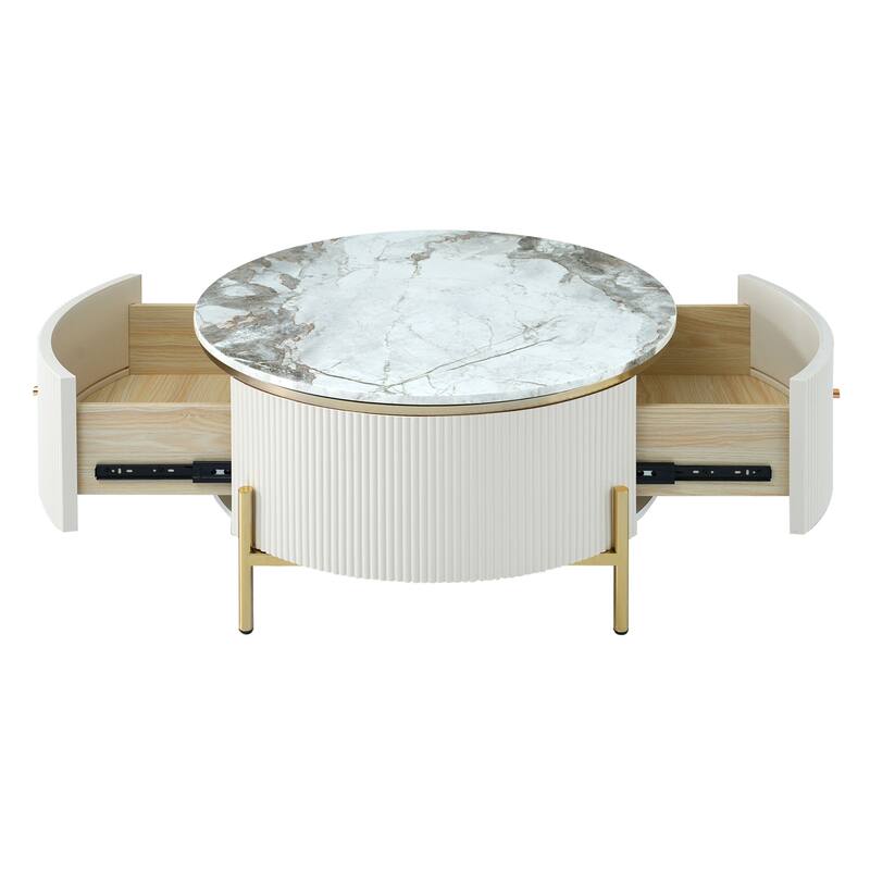 Modern Round Coffee Table with 2 large Drawers Storage Accent Table.