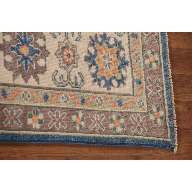 Geometric Blue Kazak Living Room Area Rug Hand-Knotted Wool Carpet - 6'8" x 9'9"