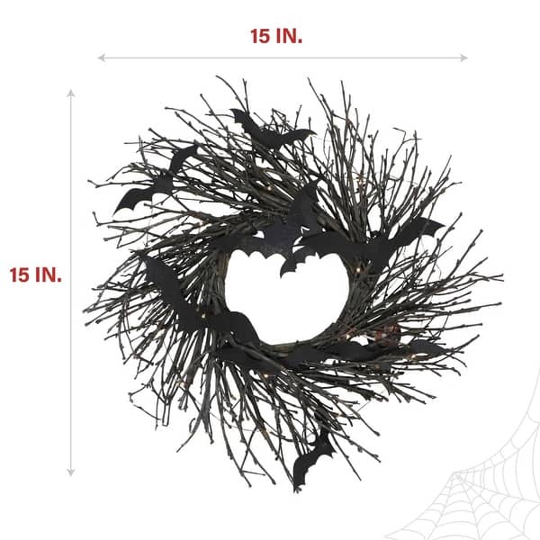 Haunted Hill Farm 15-In. Black Twig Battery-Operated Wreath with LED Lights and Flying Bats for Halloween Door