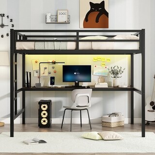 Full Size LED Lighted Metal Loft Bed with Desk and USB Charging Station ...
