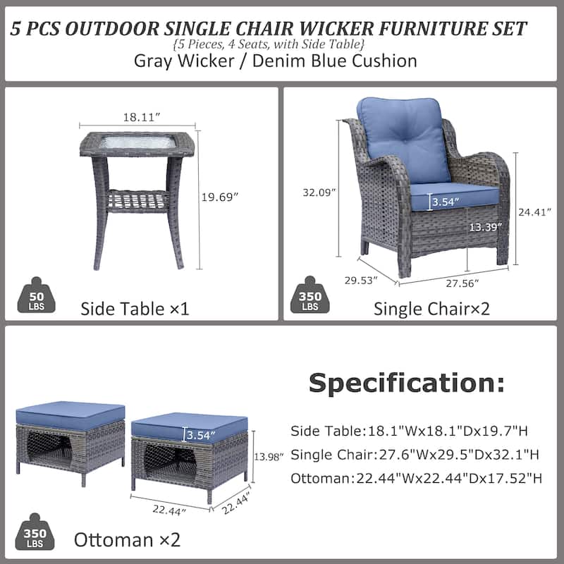 5 Piece Outdoor Patio Conversation Sets Wicker Patio Chairs with Ottoman