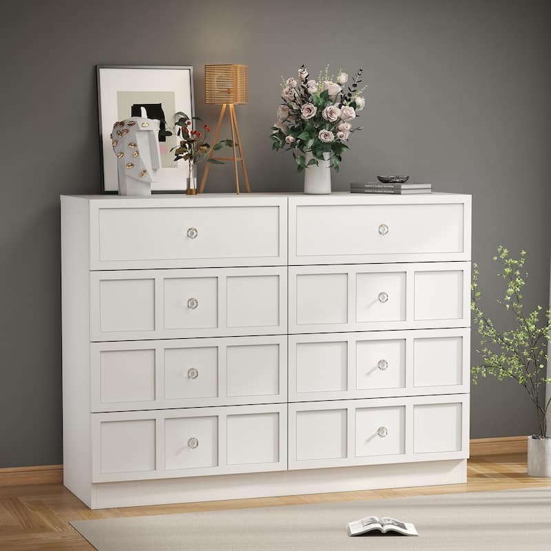 8 Drawer White Dresser, Modern Wood Storage Cabinet with Wide Top, Bedroom Chest Organizer