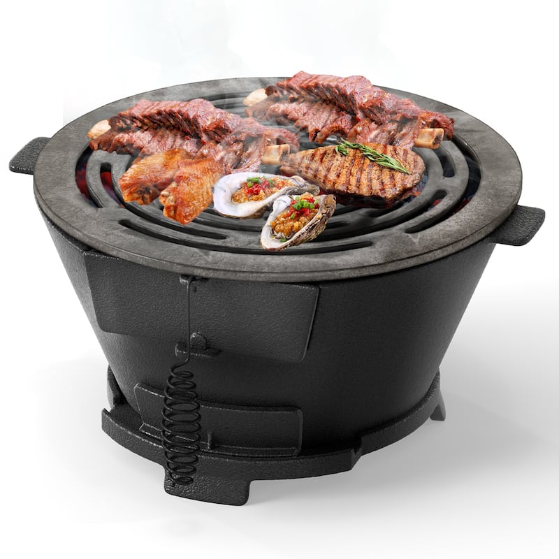 12" Round Portable Cast Iron Charcoal Grill Hibachi BBQ Stove for Camping or Picnics - 14" x 12.5" x 6.5"