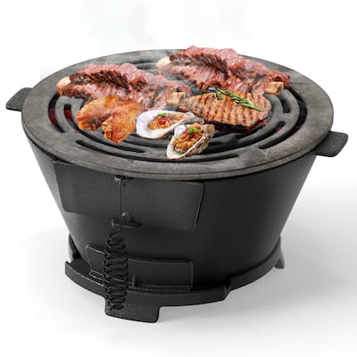 12" Round Portable Cast Iron Charcoal Grill Hibachi BBQ Stove for Camping or Picnics - 14" x 12.5" x 6.5"
