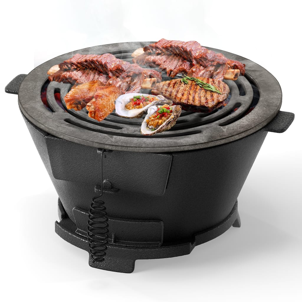 12" Round Portable Cast Iron Charcoal Grill Hibachi BBQ Stove for Camping or Picnics - 14" x 12.5" x 6.5"