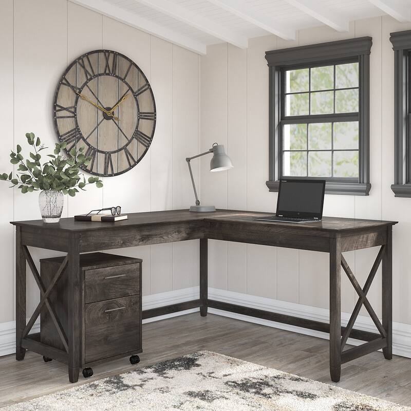 Key West 60W L Shaped Desk with Mobile File Cabinet by Bush Furniture