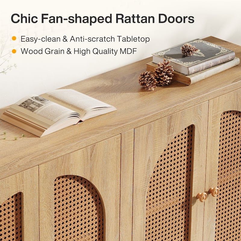 Rattan Credenza Kitchen Storage Buffet Cabinet with 4 Doors
