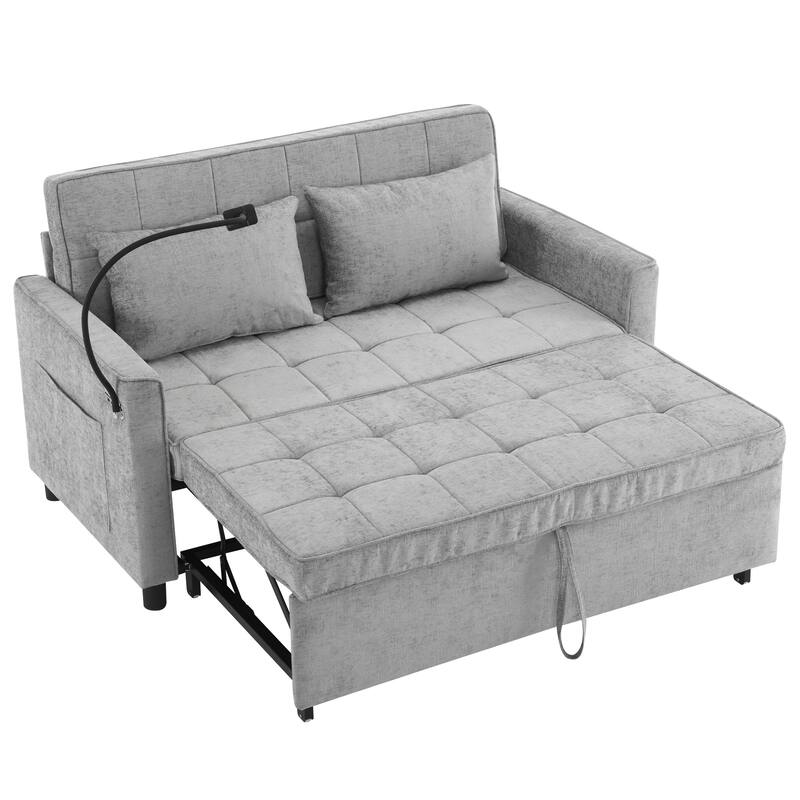 3 in 1 Convertible Sleeper Sofa Bed, Loveseat with Side Pockets and USB Ports, Futon Sofa Bed with Reversible Back