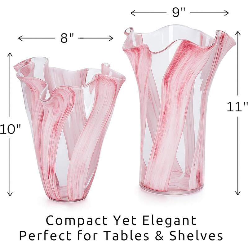 Pink Striped Handblown Glass Set of Two Scalloped Edge Vases