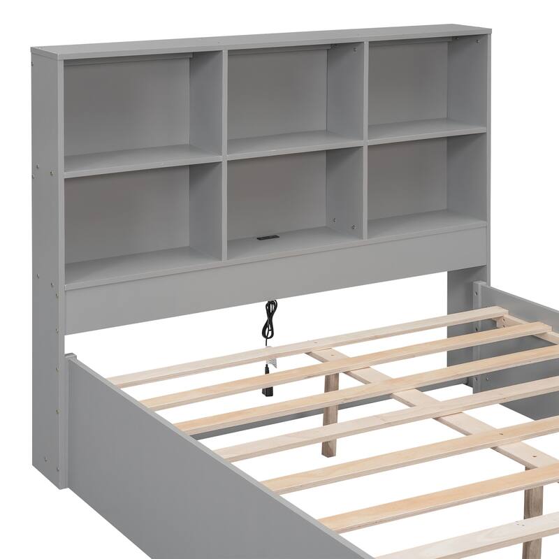 Full Size Bed Frame with Storage Headboard, Charging Station, and Two Drawers, Pine Wood & MDF Construction