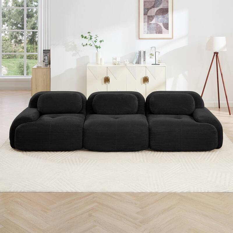 Rossetta 3-Seat Simplified Anti-Slip Style Premium Corduroy Fabric Modular Sectional Sofa with Curved Armrests - Black
