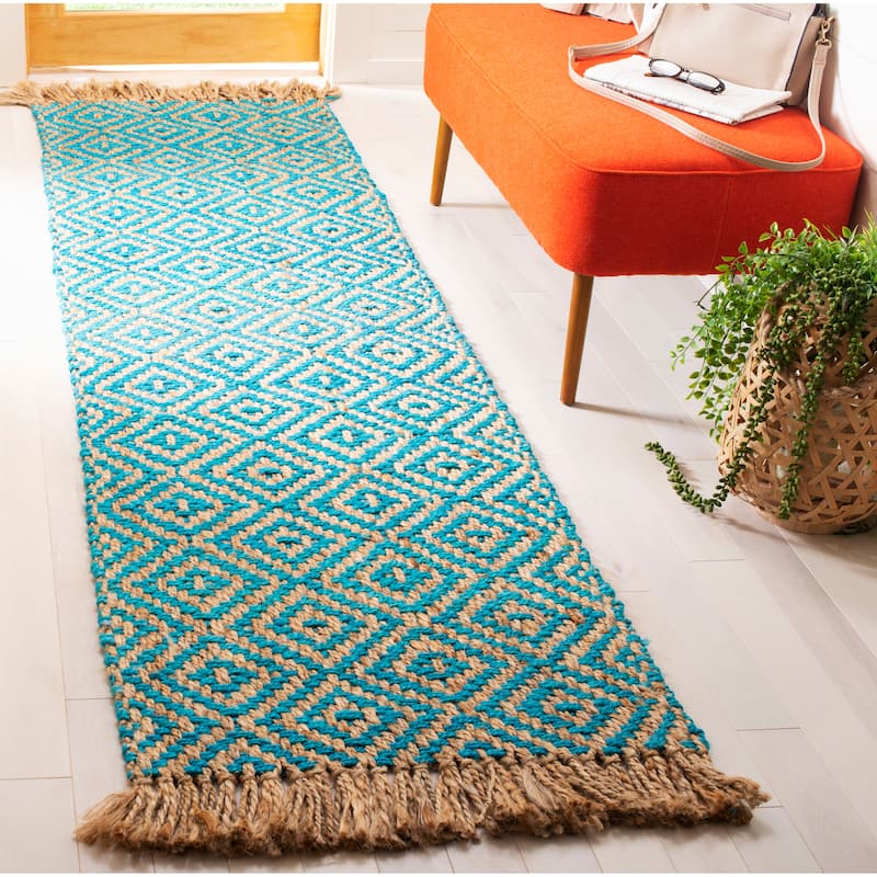 SAFAVIEH Handmade Natural Fiber Jaeda Diamond Jute Tassel Rug - 2'3" x 12' Runner - Turquoise/Natural
