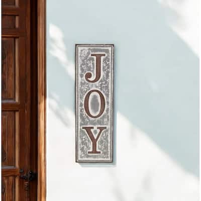 HomeRoots 19" X 6" Gray and Brown Handcrafted Joy Metal Wall Decor