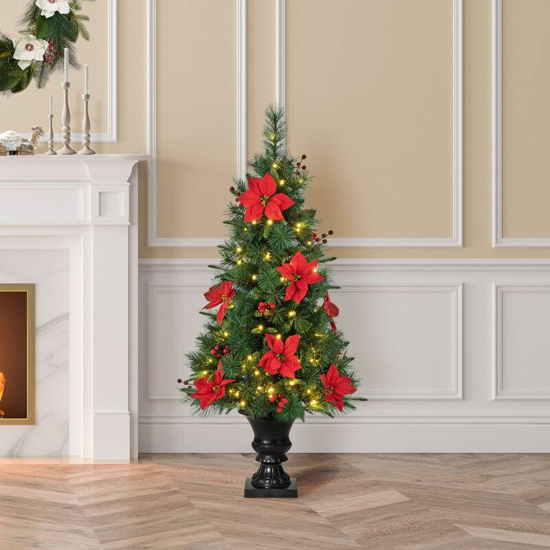 Glitzhome 4ft/5ft Pre-Lit Pine Artificial Christmas Potted Porch Trees with Warm White Lights and Poinsettia
