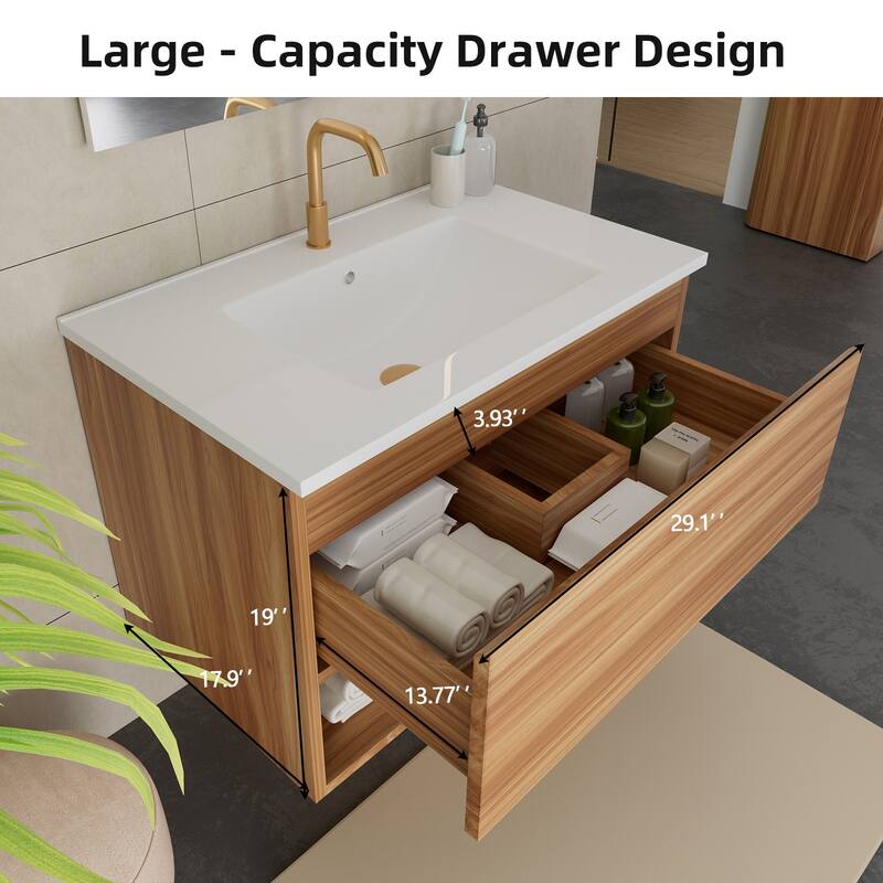 30 Inch Bathroom Vanity Cabinet With Ceramic Sink - Walnut Wall Mounted Floating Fluted Vanity With Drawers