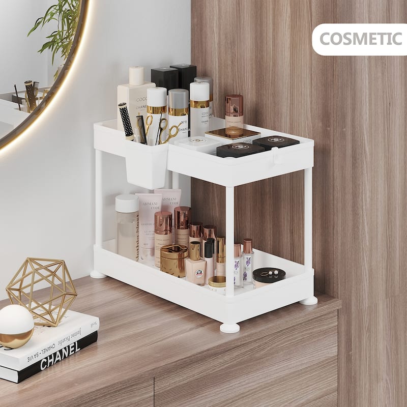 Empyrean 2 Tier Non-Slip Grip Kitchen Under Sink Organizer - Bathroom Cabinet Organizer with Utility Hooks and Side Caddy