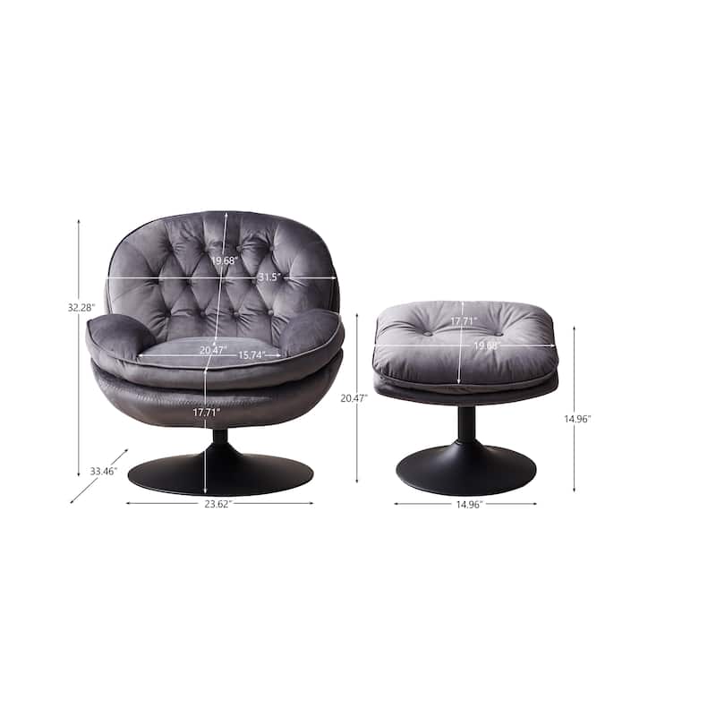 Velvet Upholstered Swivel Leisure Chair Comfortable Pillow Top Arms Lounge Chair with Ottoman and Metal Frame