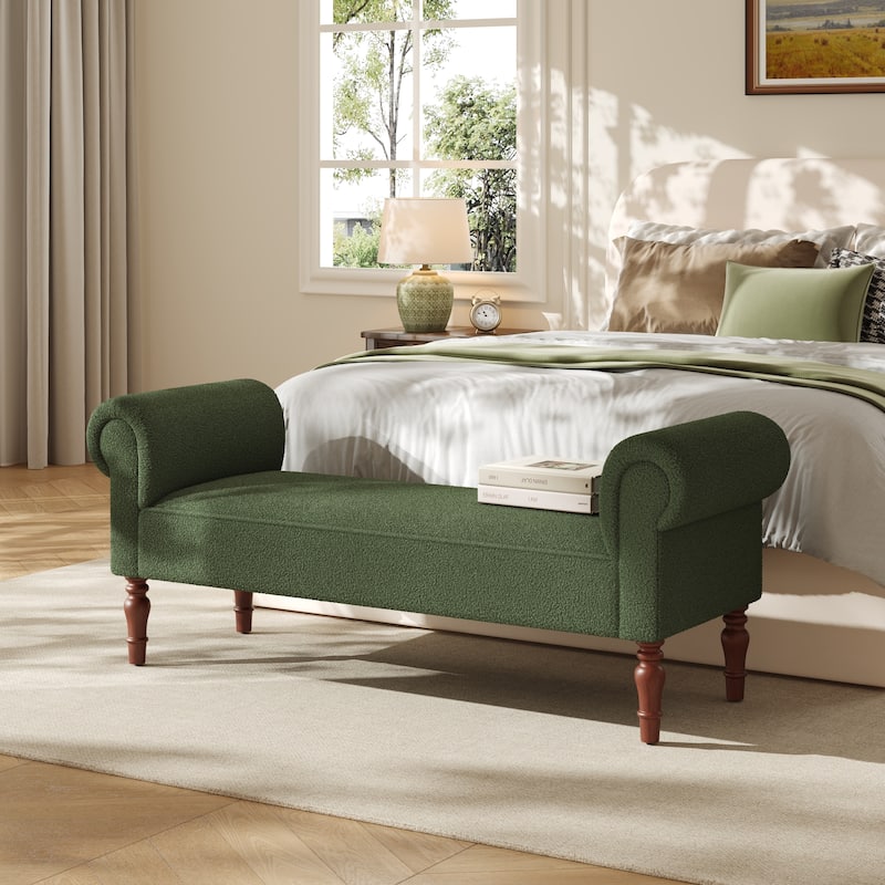 Christopher Knight Home - Elric Teddy Upholstered Bench with Rolled Arms and Solid Wood Legs - Green