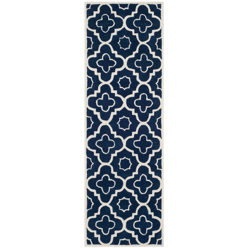 SAFAVIEH Handmade Chatham Franziska Modern Wool Rug - 2'3" x 11' Runner - Dark Blue/Ivory