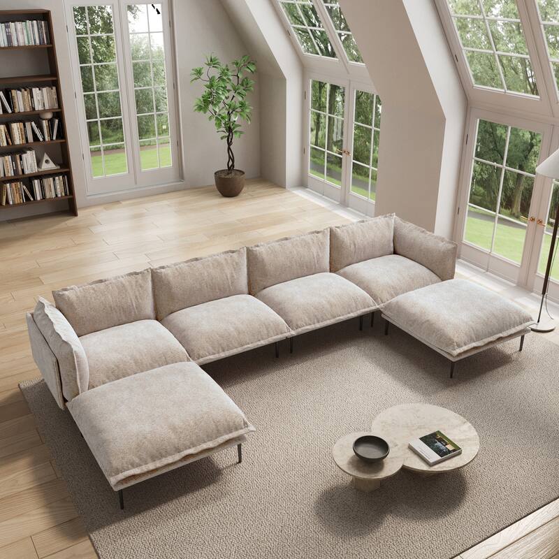 Living Room Furniture Velvet Sectional Sofa U-shaped Modular Sofa Deep Seat Upholstered Cloud Couch - Tan