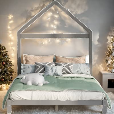 Full Size Wood Platform Bed with House-shaped Headboard