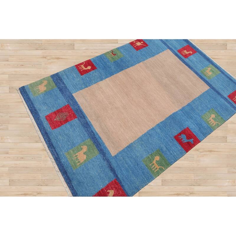 Hand Knotted Gabbeh Beige, Blue Persian Wool Modern Oriental Area Rug - 4' x 6'