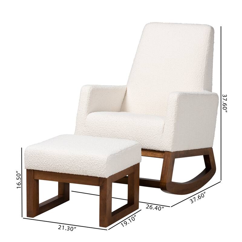 Yashiya Mid-Century Modern Off-White Boucle Upholstered and Walnut Brown Finished Wood 2-Piece Rocking Chair and Ottoman Set