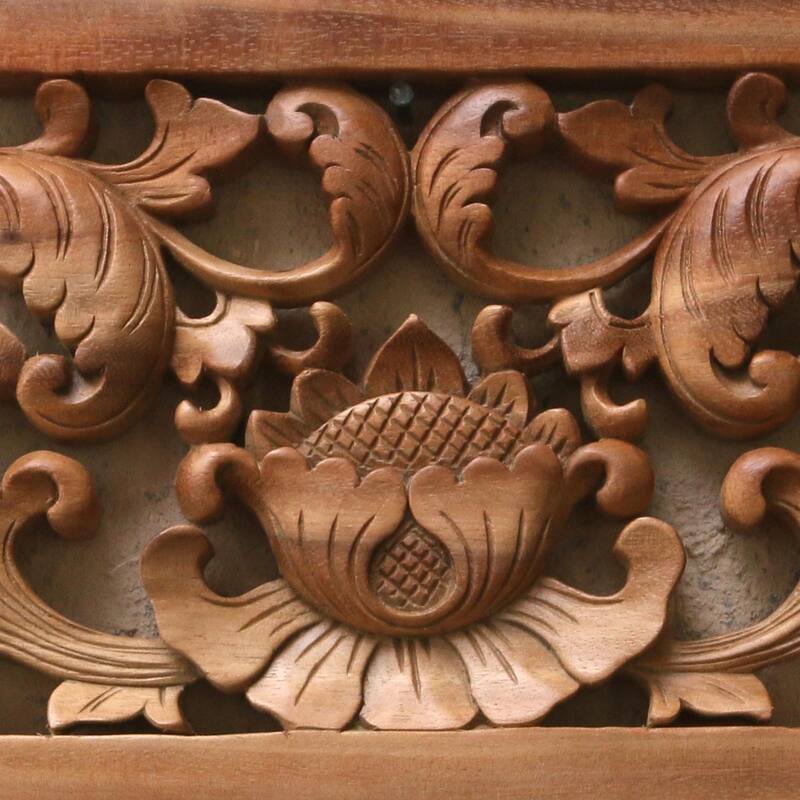 Novica Handmade Lotus Lake Wood Relief Panel