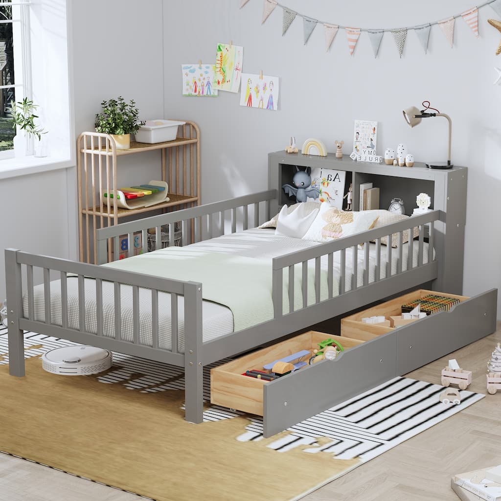 Twin Size Bed with Headboard Storage Rack, Two Under-Bed Drawers, Three-Side Guardrails for Safety and Security