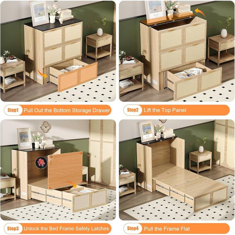 Rattan Murphy Bed with Storage Drawer, Space-Saving Cabinet Bed for Kids,Adults and Guests,Beige