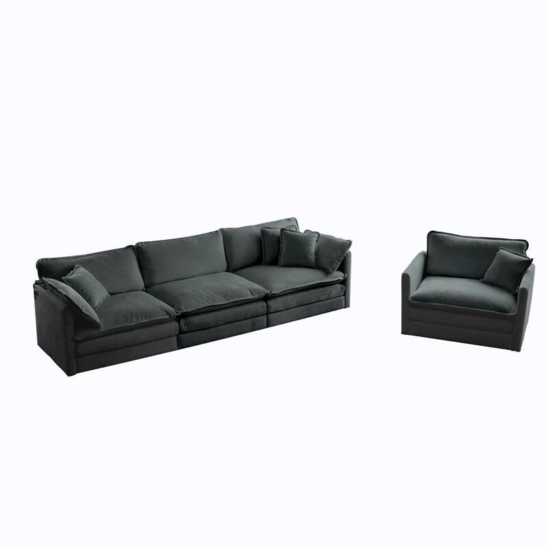 4-Seat Chenille Sectional Sofa Set (3-Seater + Accent Chair) with Deep Seats & Solid Wood Frame
