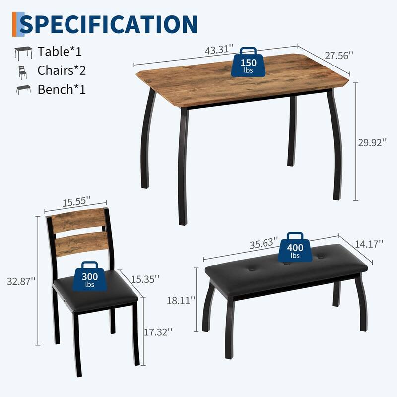 4-Piece Dining Table, With 2 Chairs and PU Upholstered Bench