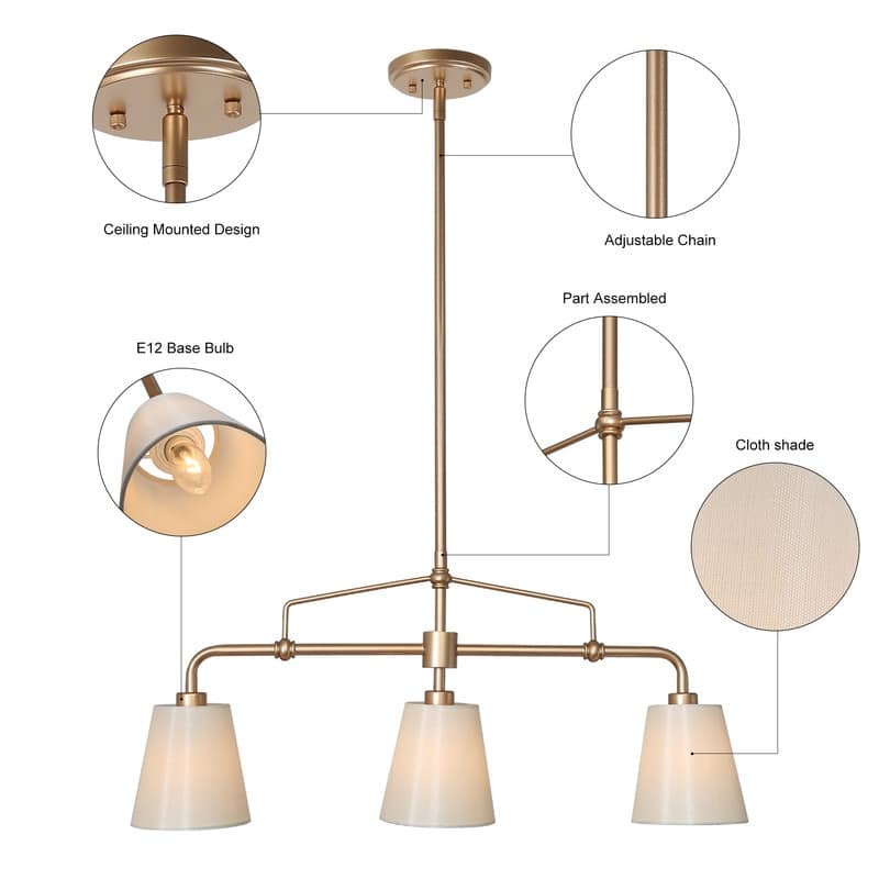 Fabrey Modern Gold 3-light Linear Chandeliers Fabric Shade Kitchen Island Lights - L26" x W5" x H75"