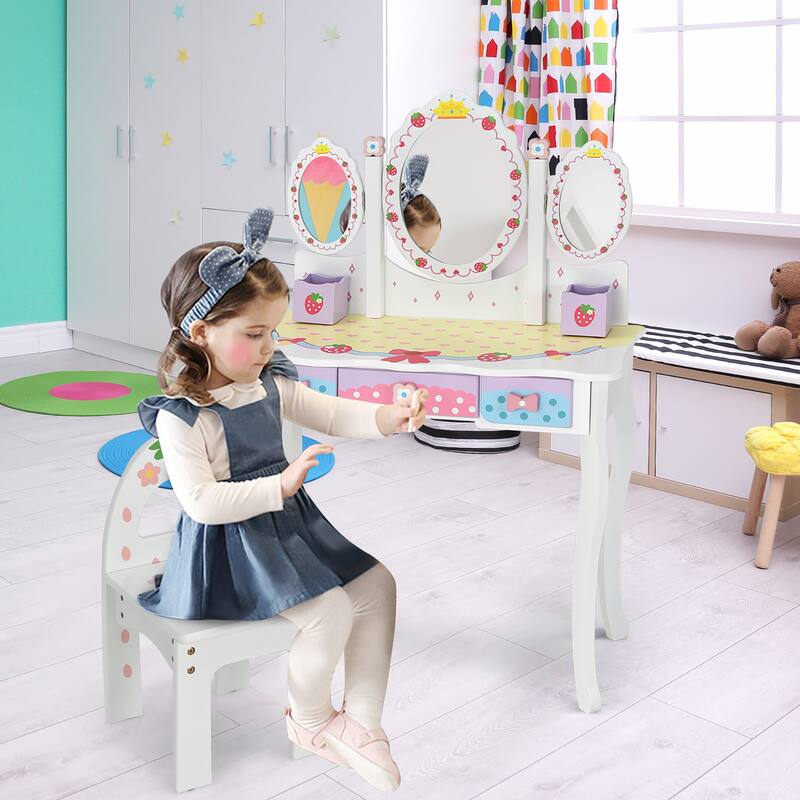 Costway Kids Vanity Princess Makeup Dressing Table Chair Set w/ - See Details