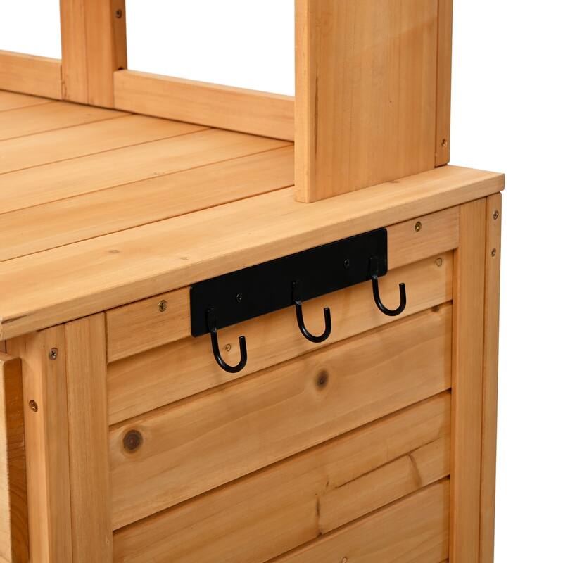 Outdoor Wood Potting Bench with Cabinets and Hutch, Garden Workstation Table with Adjustable Shelves and Hooks