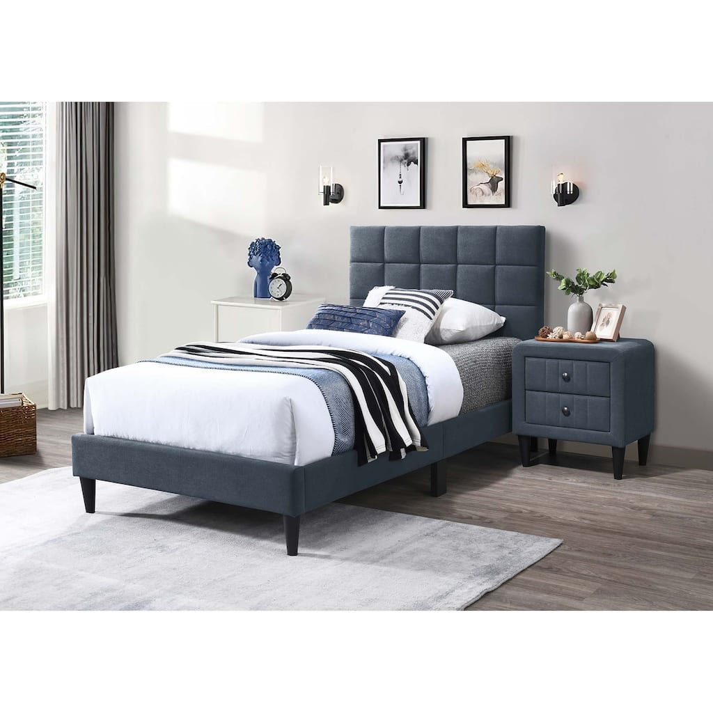Adjustable Headboard Twin Bed with Brushed Linen Fabric & Biscuit Tufting Design