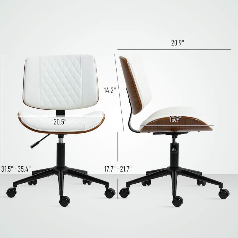 HOMCOM Home Office Chair No Arms with Wheels, PU Leather Mid Back Small Desk Chair with Adjustable Height, 360 Degree Swivel