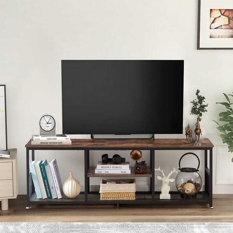 VECELO Industrial TV Stand for Televisions up to 80 Inch,70" Entertainment Center with Open Storage Shelves,Console Table