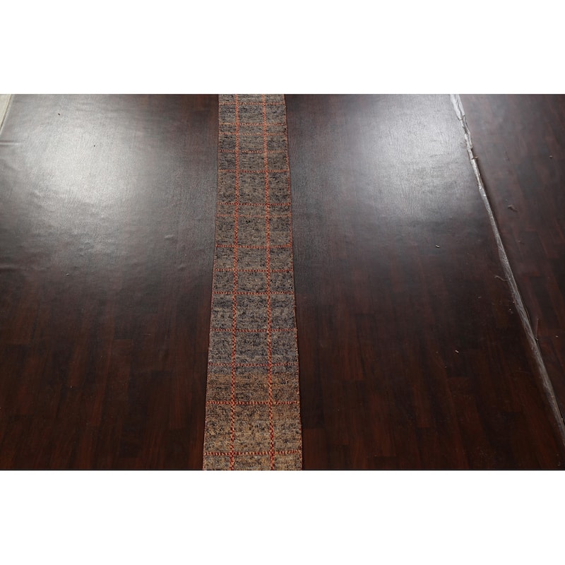 Geometric Checkered Moroccan Oriental Runner Rug Handmade Wool Carpet - 1'10" x 17'3"