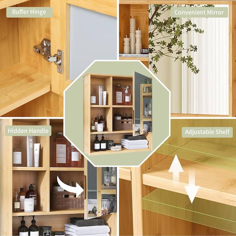 Medicine Cabinet Wall-Mounted Mirrored Bamboo Frame Storage Bathroom - 22"x24"x6.3"