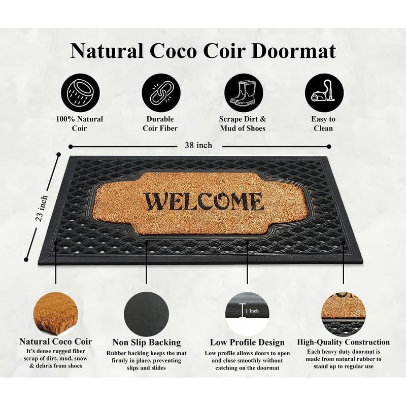 A1HC Rubber/ Coir Brush Welcome Doormat 23" X 38", Mesh Border