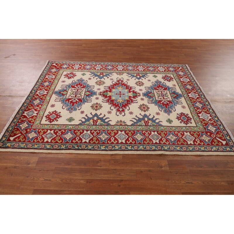 Ivory Kazak Oriental Area Rug Hand-Knotted Geometric Wool Carpet - 5'1" x 6'7"